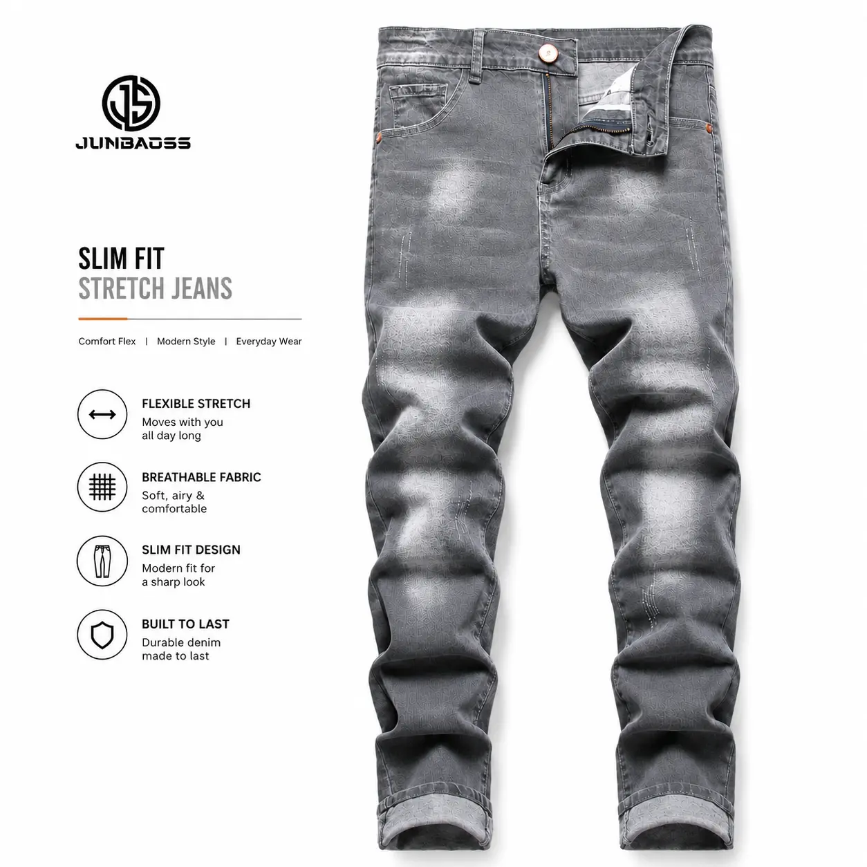 JUNBAOSS Men's Slim Fit Stretch Jeans Ripped Skinny Jeans for Men, Distressed Straight Leg Fashion Casual Popular Chic Comfort Flex Waist Denim Pants, Menswear Classic Street Style Cotton Fabric Jean Natural Hipster Personalized Stylish Jeans with Pockets