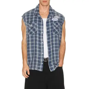 Von Dutch Sleeveless Flannel Button Down Shirt in Navy & White
