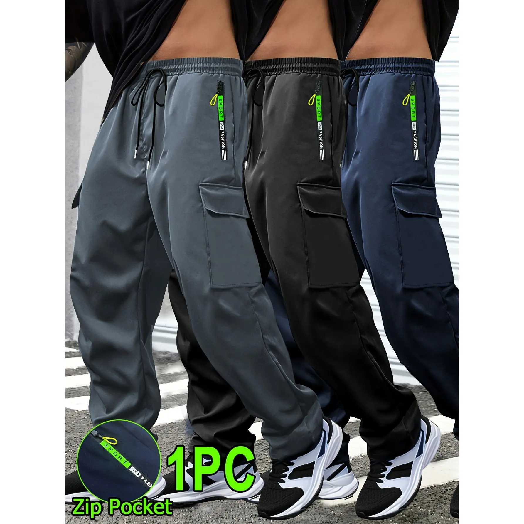 Men's all-season green work trousers with lettering, zip pockets, large patch pockets, drawstring waist and elasticated waistband. Suitable for jogging, hiking and everyday wear.