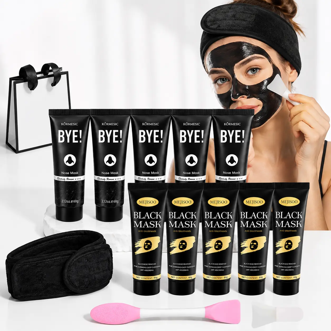 14Pcs Charcoal Blackhead Peel Off Mask Kit, Bamboo Charcoal Nose & Face Deep Pore Cleansing Mask Set, Oil Control Pore Minimizer For All Skin Types Men Women, Complete Facial Care Kit With Headband, Applicator Brush, Storage Gift Bag