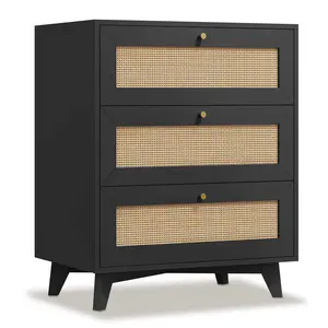 Rattan Nightstand with Charging Station Black