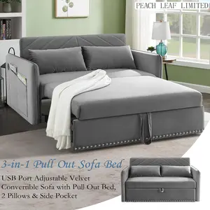 Pull Out Couch With USB Port Loveseat Sleeper Bed Nailhead Trim Design With 2 Pillows & Side Storage Pockets, 3 In 1 Velvet Sofa Adjustable Backrest, Resilient Sponge Cushions