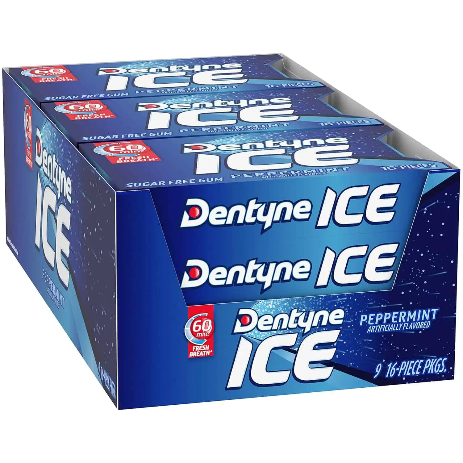 Dentyne Ice Sugar-Free Peppermint Flavor Gum Snack - 9 Packs (16 Pieces Each, 144 Total Pieces), Convenient, Practical for All Ages