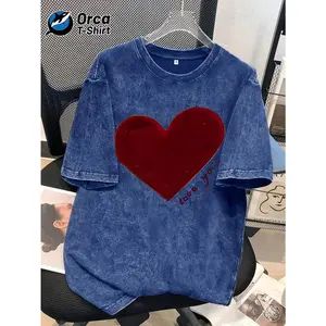 Valentine Outfits For Women Retro Distressed Red Heart "Love You" Printed T-Shirt American Style  Brand Casual Distressed Round Neck Washed Cotton Personalized Short Sleeve Top Suitable For Holidays, Outings