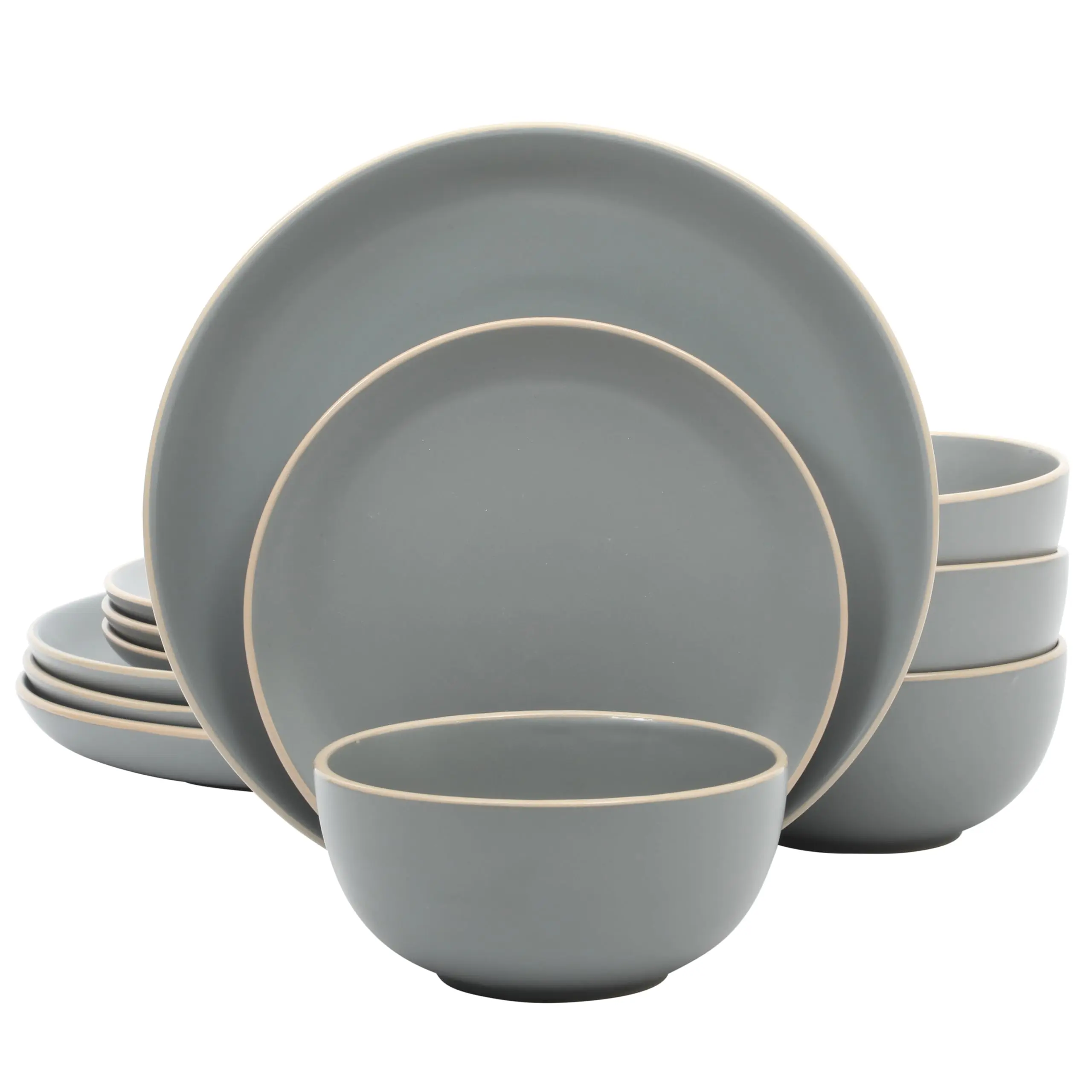 12-Piece Stoneware Dinnerware Set, Service for 4, Matte Finish Ceramic Plates & Bowls, Microwave & Dishwasher Safe, Soft Gray
