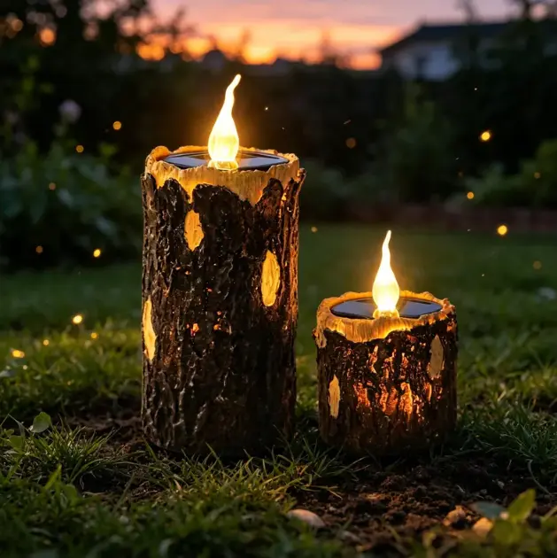 Rustic Tree Stump Solar Flameless Candle - Waterproof Solar-Powered LED Outdoor Lantern, Home & Garden Decor Gift Item