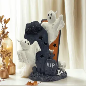 LED luminous Halloween ghost tombstone decorative statue, luminous ghost skeleton rest in peace Halloween tombstone, horror party desktop ornaments, suitable for parties, cemeteries, garden tombstone decoration Cute Resin Ghost Decor Statue