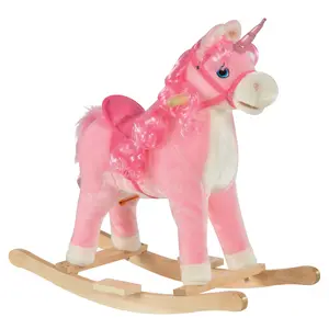 Qaba Rocking Horse for Toddlers, Toddler Ride on Toys,Baby Toddler Rocker Toy,Plush Ride On Rocking Horse,Soft Plush Toy,Kids Ride on Horse Unicorn Design with Wooden Base, Tail Wag & Sounds for Toddlers 3-6 Years Old, Pink