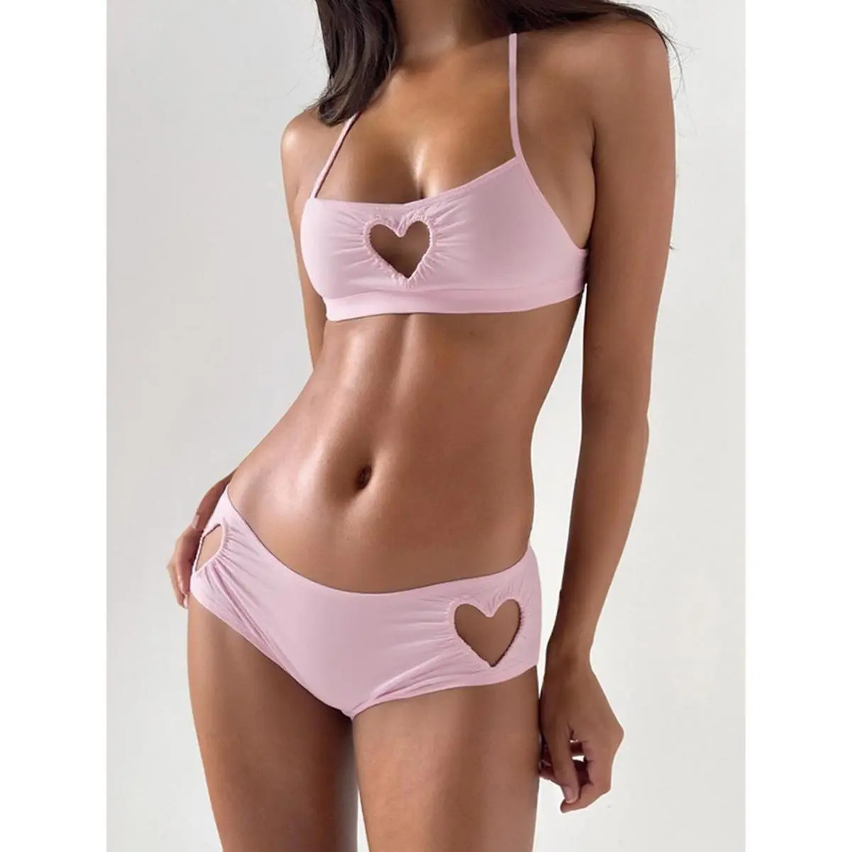 Refined 2026 Two-piece Set Women's Heart Shaped Cut Out Crop Cami Top & Shorts, Solid Sleeveless & Minimalist Casual Summer Outfits Clothes for Ladies Outdoor Holiday, Womenswear, Elevated Basics, Beach Ready