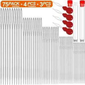 [Hand Tools Kits] Pack of 75 Premium Large Eye Needles for Hand Sewing with 4 Needle Threaders,Assorted Sizes,Embroidery Needles for Hand Sewing,Sewing Needles Large Eye,Big Eye Needle