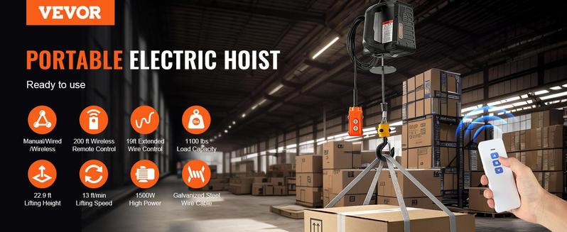 VEVOR 3-in-1 Electric Hoist Winch, TikTokShopBlackFriday, 1100lbs 1500W Portable Power Winch Crane, 110V/120V 22.9 ft Lifting Height, 13 ft/min with Manual, Wired and Wireless Remote Control, Overload Protection