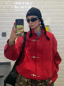 Women's Red Metal Buckle Stand Collar High Neck Loose Fit jacket Women's Demi-season Jacket 2026 Vintage Streetwear Long Sleeve Casual Outerwear with Pockets Women's Fashion Bomber Style Jacket Coats Womenswear