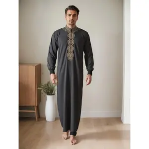 Men'S Moroccan-Inspired Long Robe with Intricate Embroidery - Solid Color, Stand Collar, All-Season Wear, Regular Fit, Perfect for Casual or Cultural Events, Cultural Attire, Elegant Attire, Nonstretch Fabric