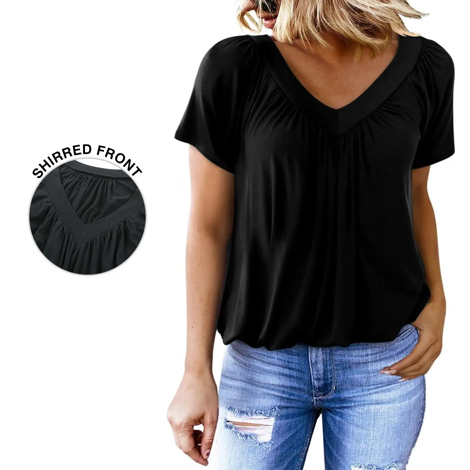 Dokotoo Women's Casual Summer Short Sleeve V Neck Tops T-shirts - Loose Fit & Comfortable Shirring Top Dokotoo Women's Casual Summer Short Sleeve V Neck Tops T-shirts - Loose Fit & Comfortable Shirring Top