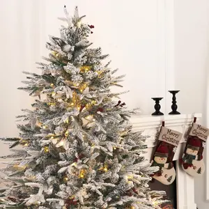 6FT Artificial Christmas Tree with 300 Multi-Colored String Lights with 11 Modes, Prelit Christmas Tree with Red Berry, Xmas Tree with Foldable Stand Christmas Decorations Decor