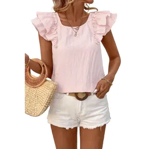 Women's Gossamer Pink Textured Blouse with Bow Knot and Frilled Butterfly Sleeves