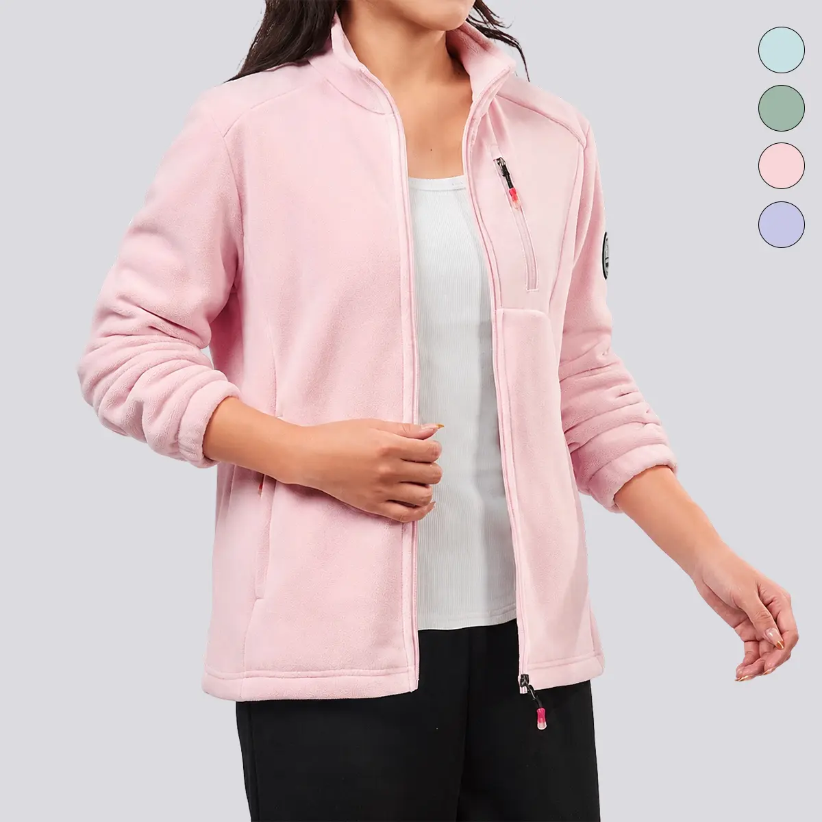 Women's Soft Fleece Full-Zip Long Sleeve Basic Jacket with Pockets, Comfortable, Suitable for Everyday Wear & Outdoor Activities, Autumn-Winter Womenswear Top