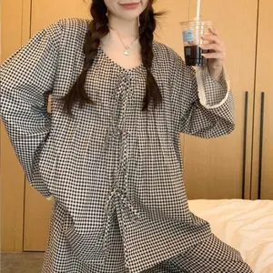 Plaid Sleepwear Women Pajama Sets Korean Piiama Casual Night Wears Autumn Pants Sets 2 Pieces Tie Long Sleeve Home Suit  New