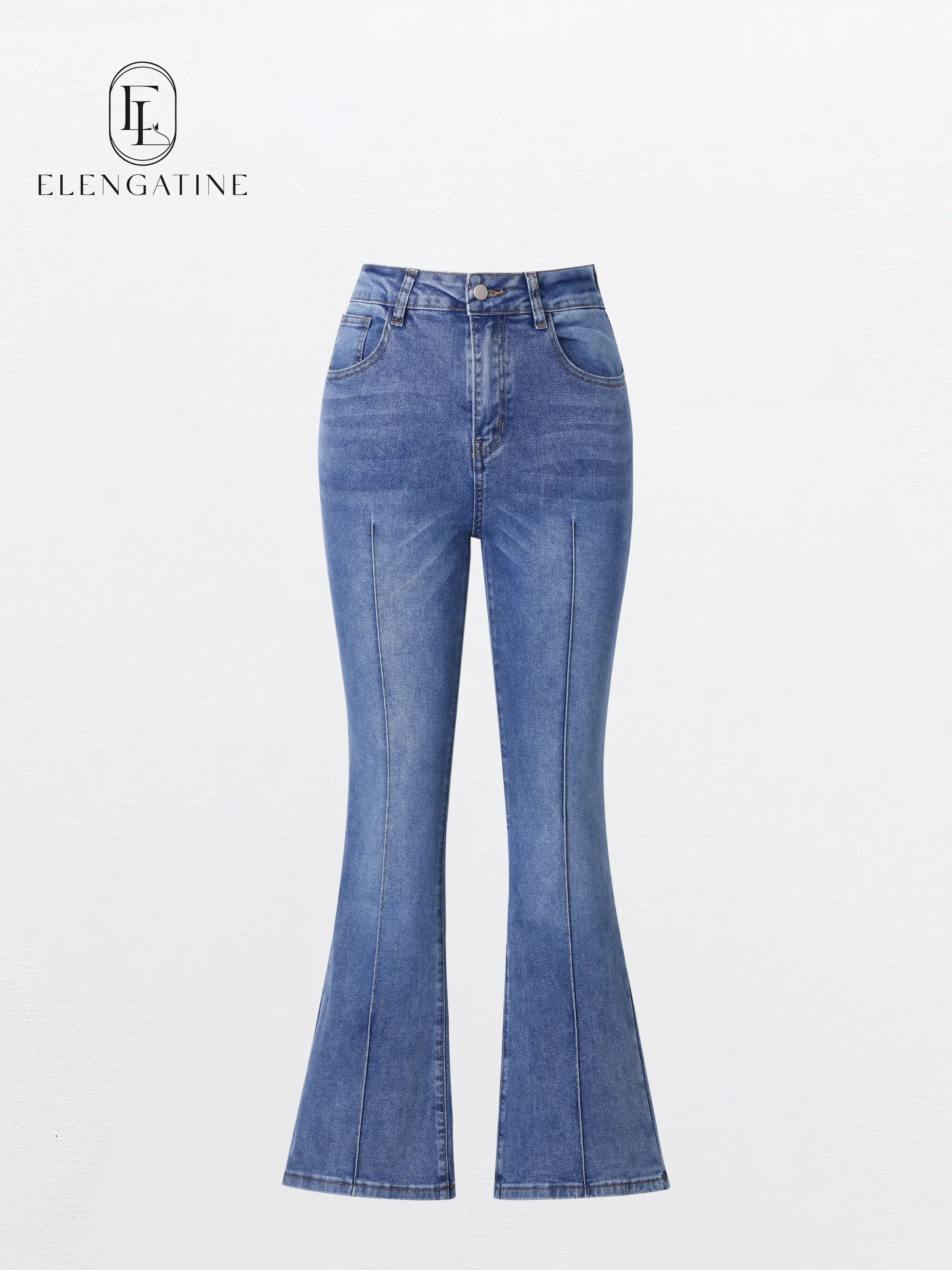 EL ELENGATINE Women's High-Waisted Flared Jeans, Fitted Cotton Blend with Wide Cuffed Hem and Contrast Seams, Below the Ankle Urban Chic Denim Pants