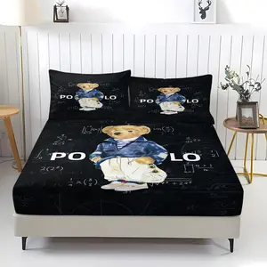Teddy Bear Pattern Bed Sheet, Comfortable Printed Pattern, Includes 1 Bed Sheet and 2 Pillowcases, Comfortable Bedding, Non slip Dust Cover Suitable for Bedroom and Guest Room, Secure Fitted Sheets, Suitable as a Gift for Children or Adults