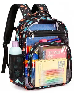 Clear PVC Backpack with Rainbow Dinosaur Print, Large Capacity Waterproof School Bookbag with Multi Pockets for Boys and Girls, Lightweight Travel Backpack for Vacation, Outdoor Activities and Daily Use