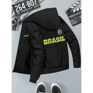 Bmuvlss Men'S Brazilian Flag Print Hooded Jacket - Lightweight Zip-Up Coat with Pockets, Casual Business Style for Fall/Winter, Black with Yellow & Green Design, Perfect for Casual Attire, Winter Jacket |   Stylish Hooded Jacket |   Zippered Jacket