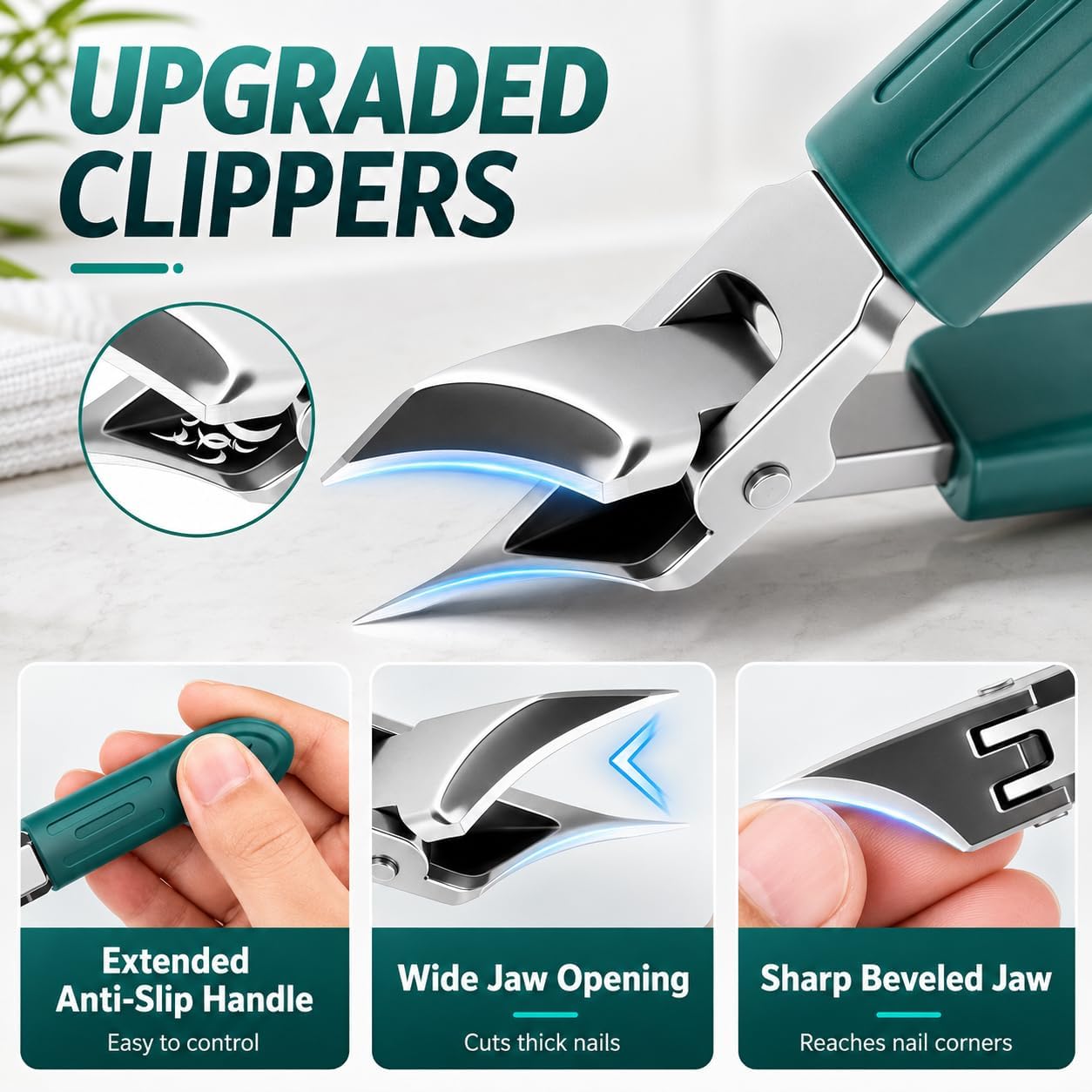 Slanted Eagle Beak Nail Clipper Kit, for Daily Manicure, Thick Nails & Ingrown Nail Maintenance, Wide Jaw Opening Anti-Splash Nail Trimmers, Ergonomic Long Handle Pedicure Accessory (Green)