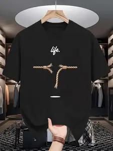 0320 LIFE Men's Summer Short Sleeve T-Shirt - Mustard Yellow Casual Graphic Tee with Rope Knot &  Life  Letter Print, Lightweight Breathable Round Neck Top for Casual Attire, Versatile Clothing