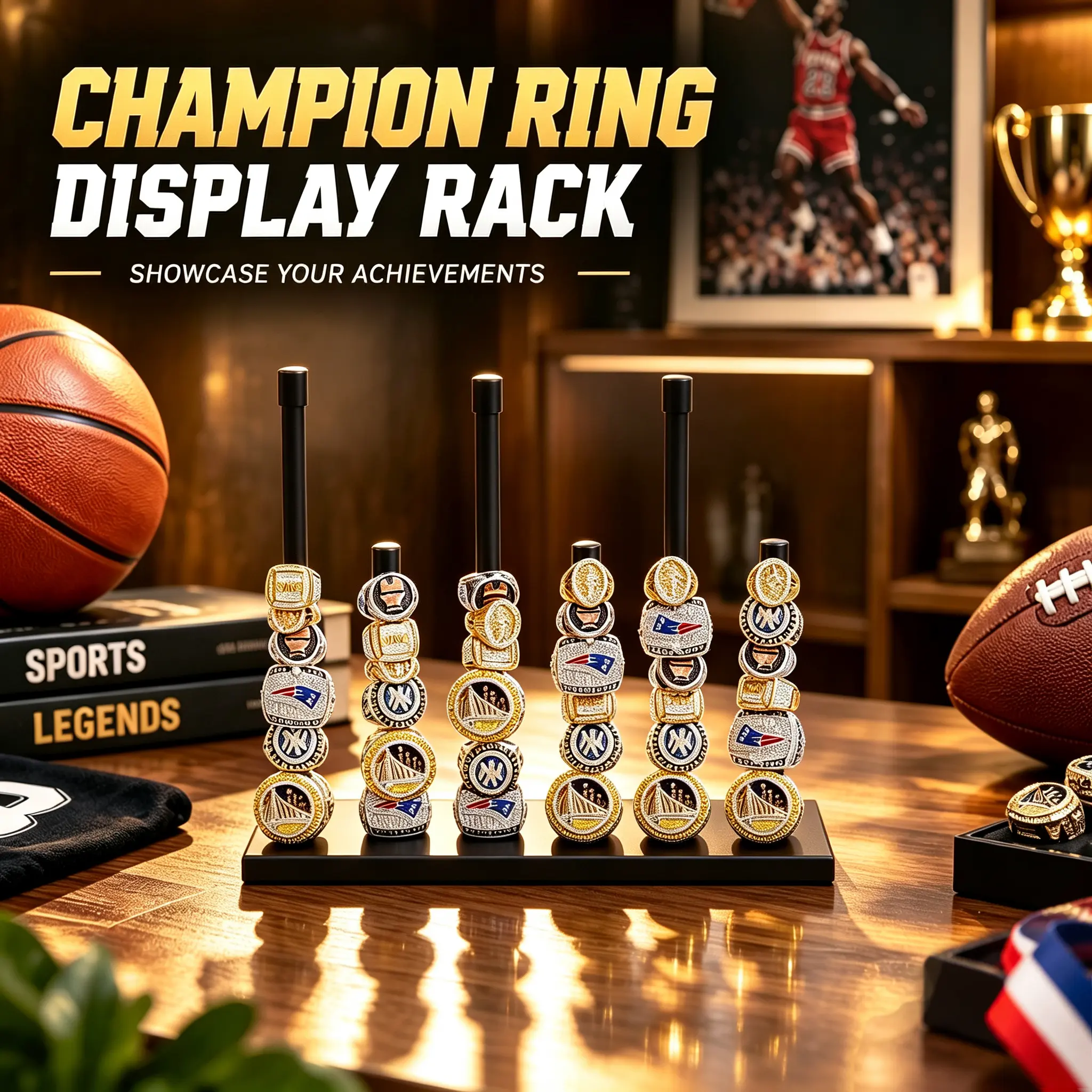 Rust-Resistant Metal Championship Ring Display Holder Organizer with 6 Pillars, Holds Up to 50 Championship Rings, Space-Saving Home Organizer for Sports Collectors’ Shelf Decor Racks, Compatible with Bag & Kitchen Storage