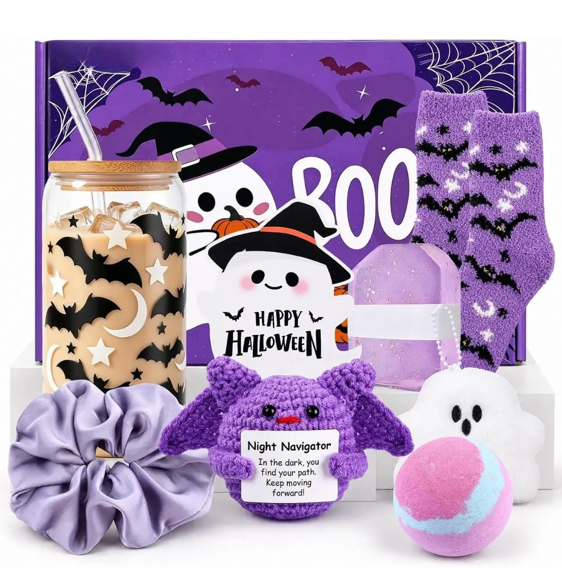 Boo Basket Stuffers for Women 8 Pcs Halloween Spooky Gifts Boo Basket for Women Teens Girls Her Sister Friend Audlts with Halloween Glass Cup