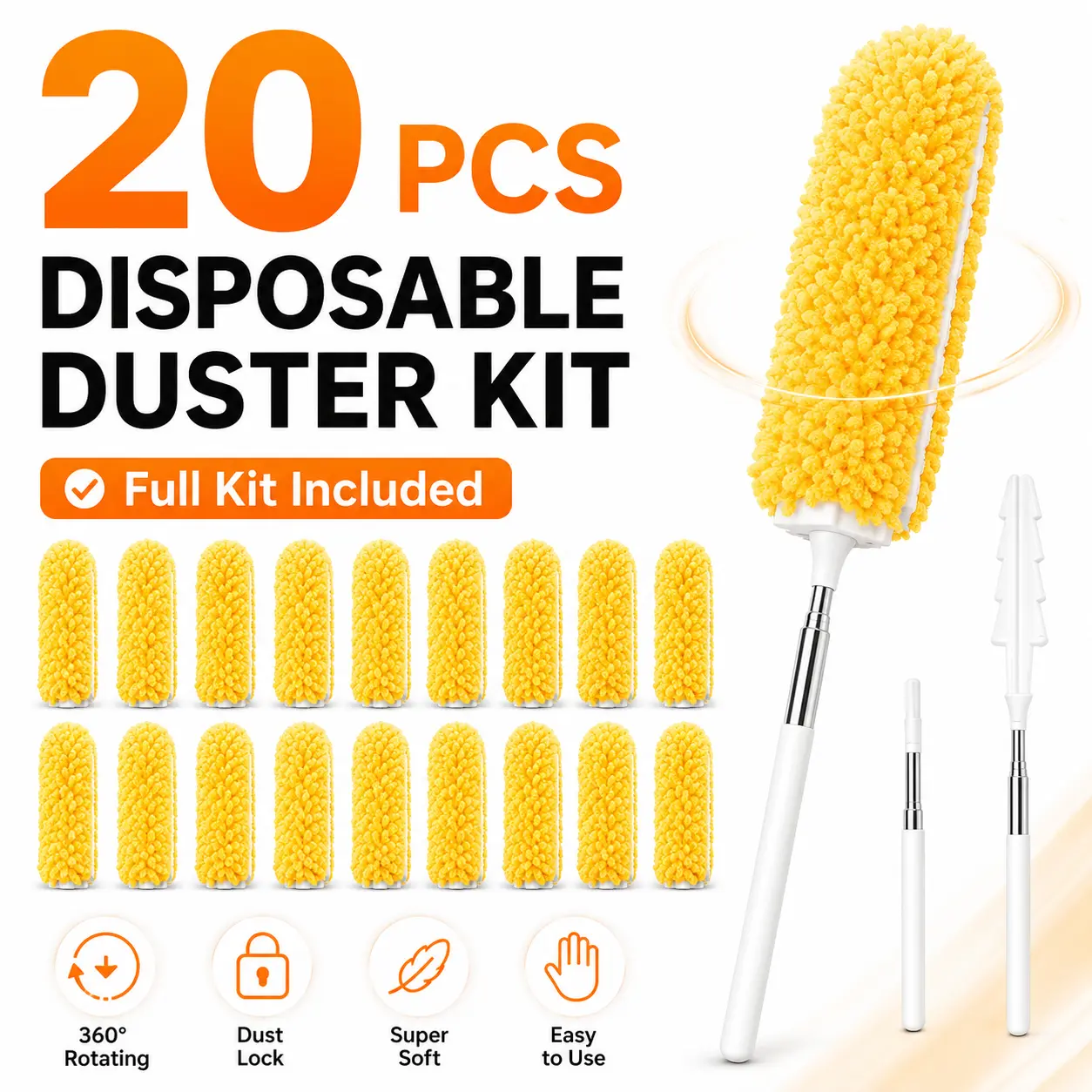 20PCS Disposable Electrostatic Duster Set | Dust-Locking Refill Heads with Extendable Handle for Ceiling Fans, Blinds, Shelves, Furniture & High-Reach Cleaning