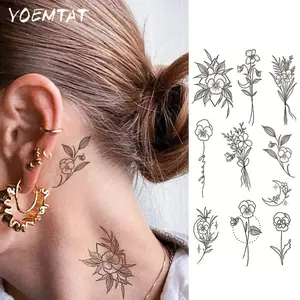 Finger Flower Pattern Waterproof Temporary Tattoo Sticker Black Simple Rose Lily Peony Flower Branch Leaves Stars Moon Totem Body Art Arm Fake Tattoos Sleeve For Women Men Aldult Hands Neck Shoulders Waist Abdomen Legs Ankles Aesthetic Tattoo Merch