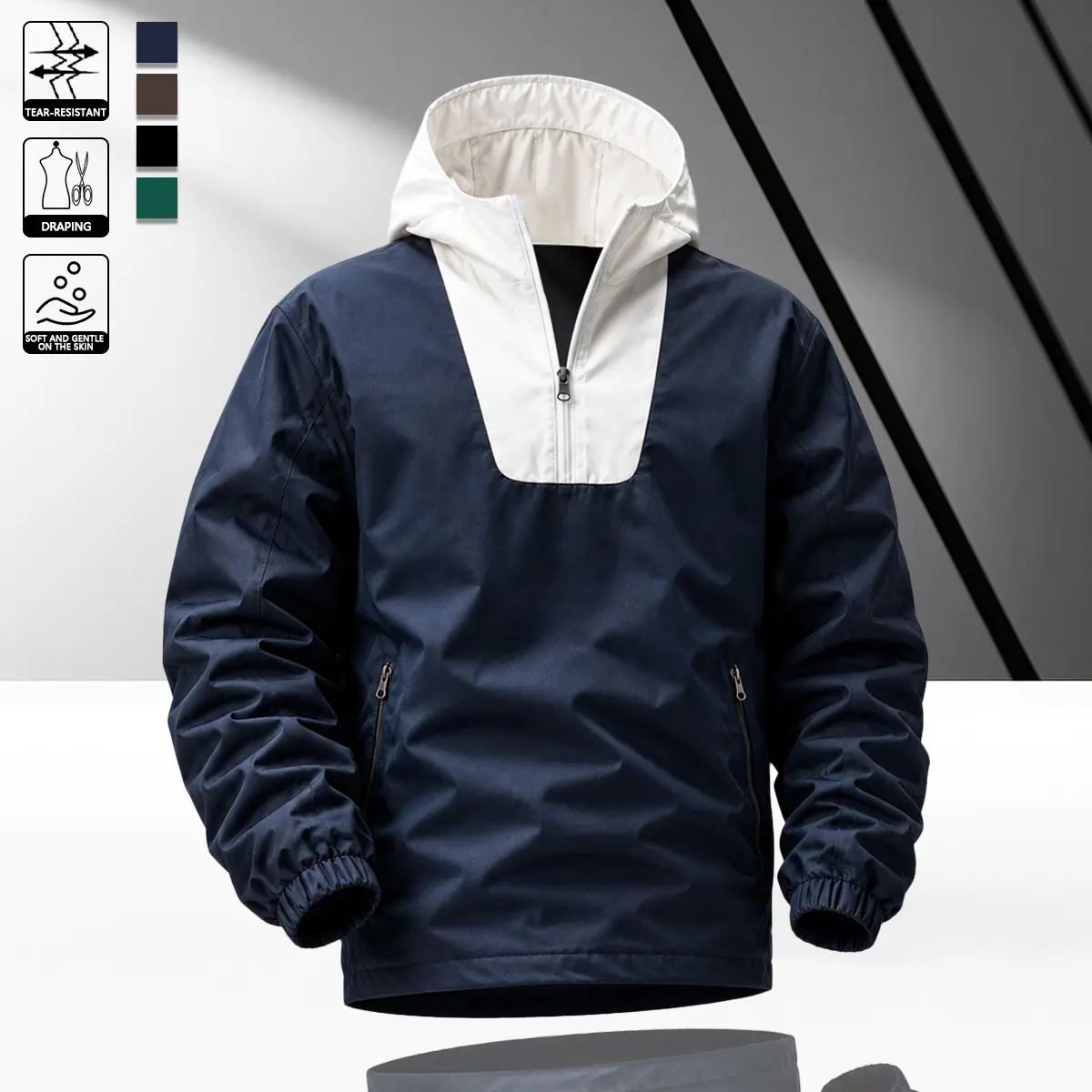 Men’s vintage half-zip color-block hooded aviator jacket, wrinkle-resistant woven fabric, half-zip closure plus concealed side pockets that slide in flush, suitable for hip-hop outfits and everyday college wear.