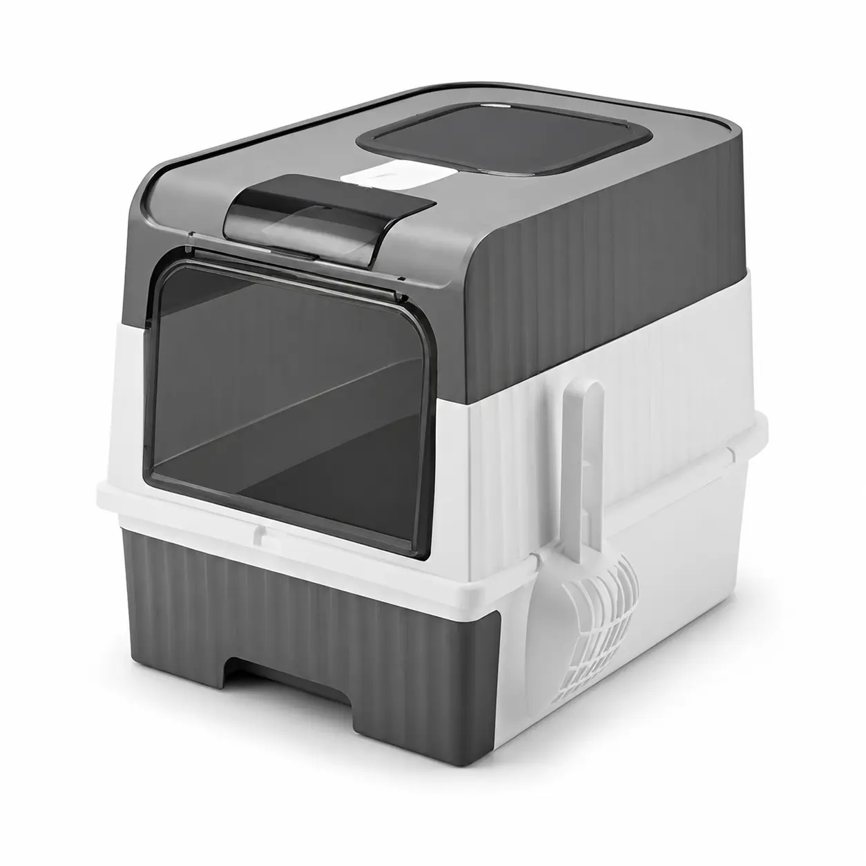 Large Enclosed Cat Litter Box with Pull-Out Drawer Tray, Front Entry and Top Exit, 19.69 x 13.78 x 13.78 in Covered Plastic Kitty Litter Pan with Scoop and Removable Panels, Indoor Cat Toilet, Gray Pink Blue or Black