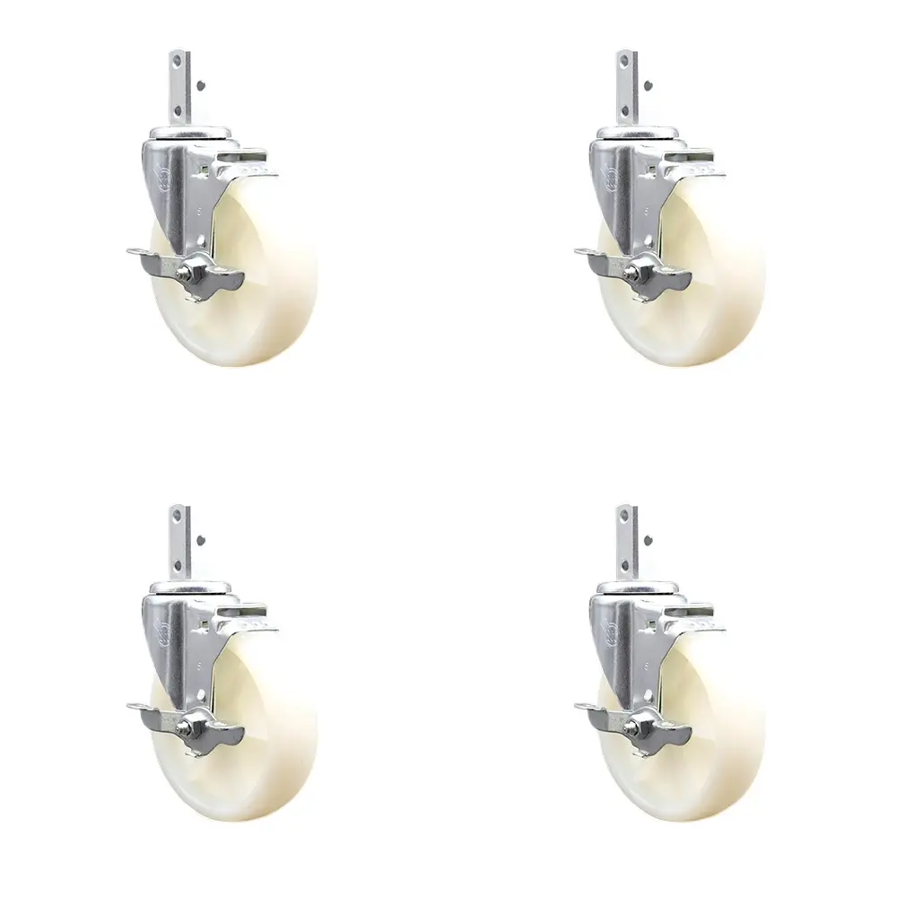 Service Caster SCC-SQ20S514-NYS-TLB-34-4 Lockable Square Stem Caster, 5x1.25 in. White Nylon Furniture Moving Wheel, 0.75x2 in. Stem, 3x0.26 in. Mounting Holes - 4-Piece Swivel Wheels Set for Carts, Equipment