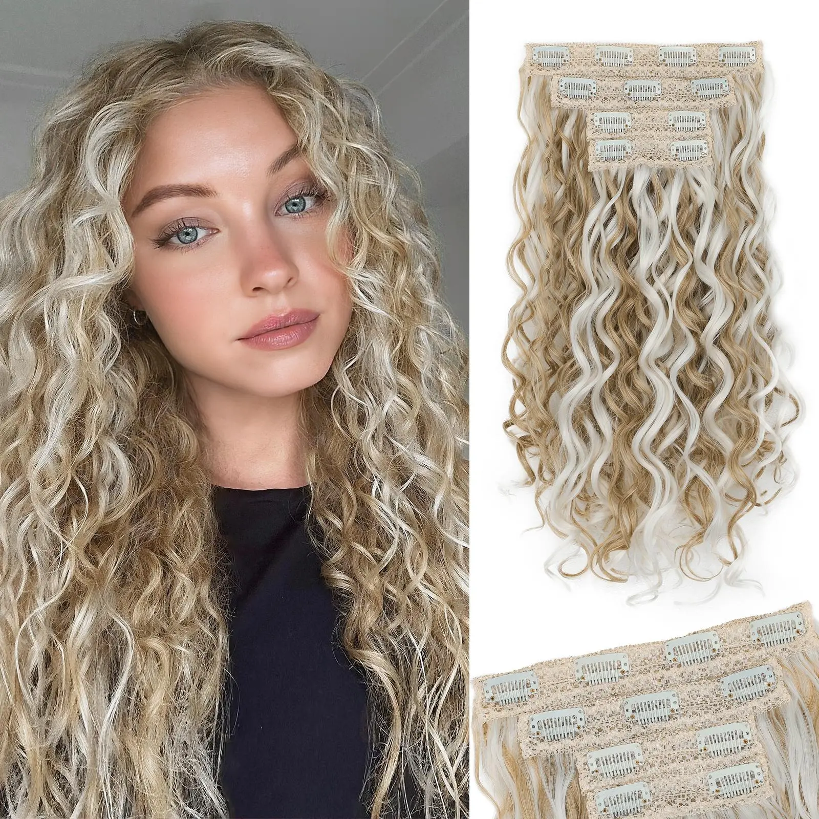 GEEOE Curly Clip In Hair Extensions,4PCS 20 inch Thick Curly Hair Extensions Lace Weft Clip Ins Invisible Natural Synthetic Hairpieces for Women