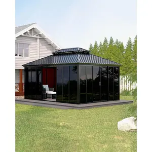 12x16 ft Hardtop Gazebo Sunroom – Double Roof – Aluminum Alloy Frame – Floor-to-Ceiling Sliding Tinted Acrylic Doors – Enclosed Outdoor Room for Backyard, Patio, Deck, Hot Tub, Garden