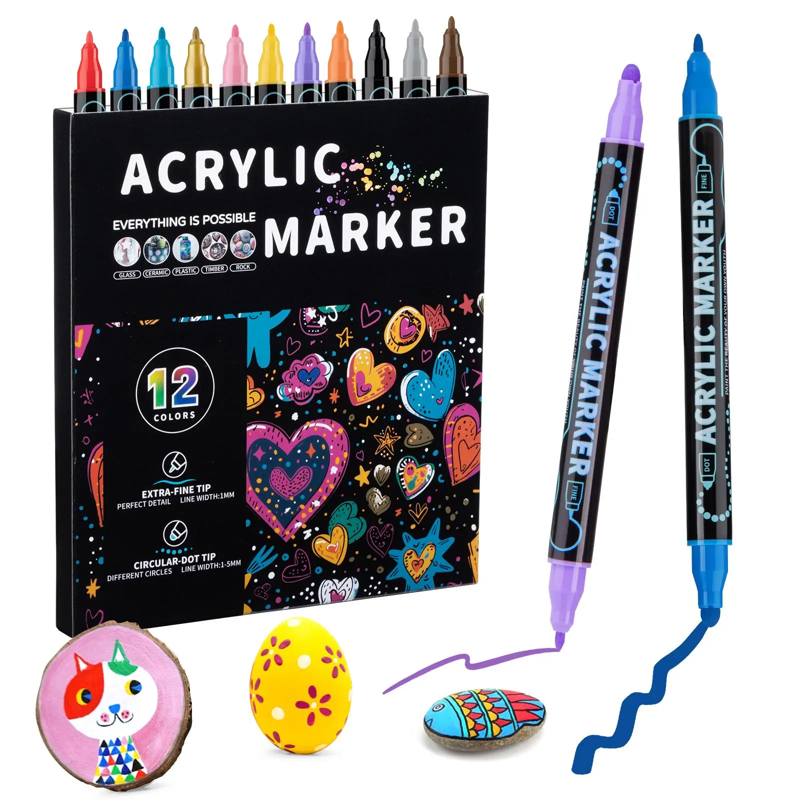 Acid-Free Dual-Tip Acrylic Paint Markers Set, 12/24/36/48-Count Colored Markers (48 Unique Colorful Shades) Artist Tools with 1 mm Extra Fine & 1-5 mm Circular Dot Tips for Outline & Fill, Wood Crafts