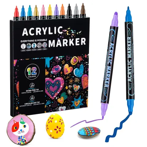 Acid-Free Dual-Tip Acrylic Paint Markers Set, 12/24/36/48-Count Colored Markers (48 Unique Colorful Shades) Artist Tools with 1 mm Extra Fine & 1-5 mm Circular Dot Tips for Outline & Fill, Wood Crafts