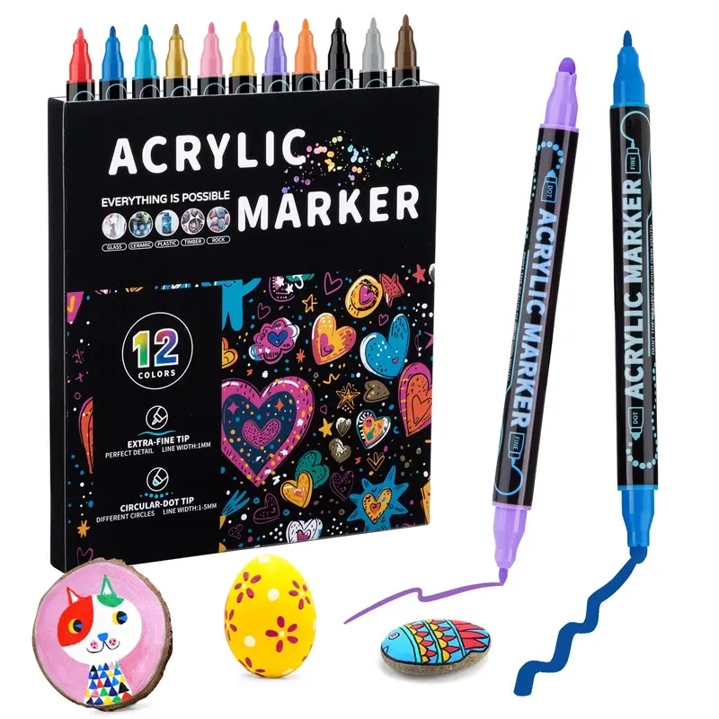 Acid-Free Dual-Tip Acrylic Paint Markers Set, 12/24/36/48-Count Colored Markers (48 Unique Colorful Shades) Artist Tools with 1 mm Extra Fine & 1-5 mm Circular Dot Tips for Outline & Fill, Wood Crafts
