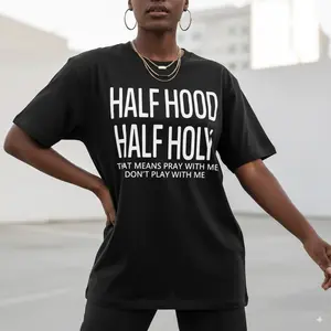 1pc Women'S Casual Crew Neck T-Shirt with "Half Hood Half Holy" Print - Short Sleeve, Regular Length Top for All Seasons