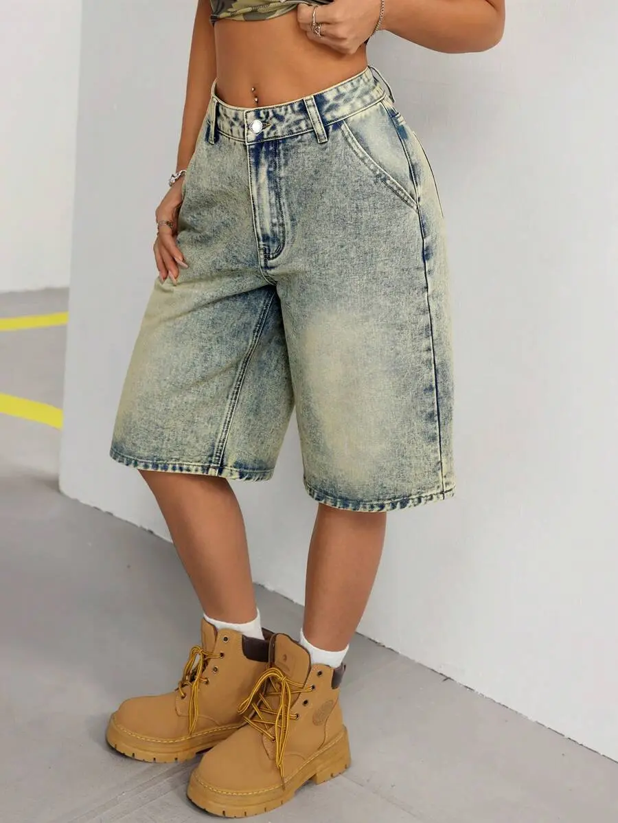KOOZ Summer Vintage Washed Straight Leg Denim Shorts