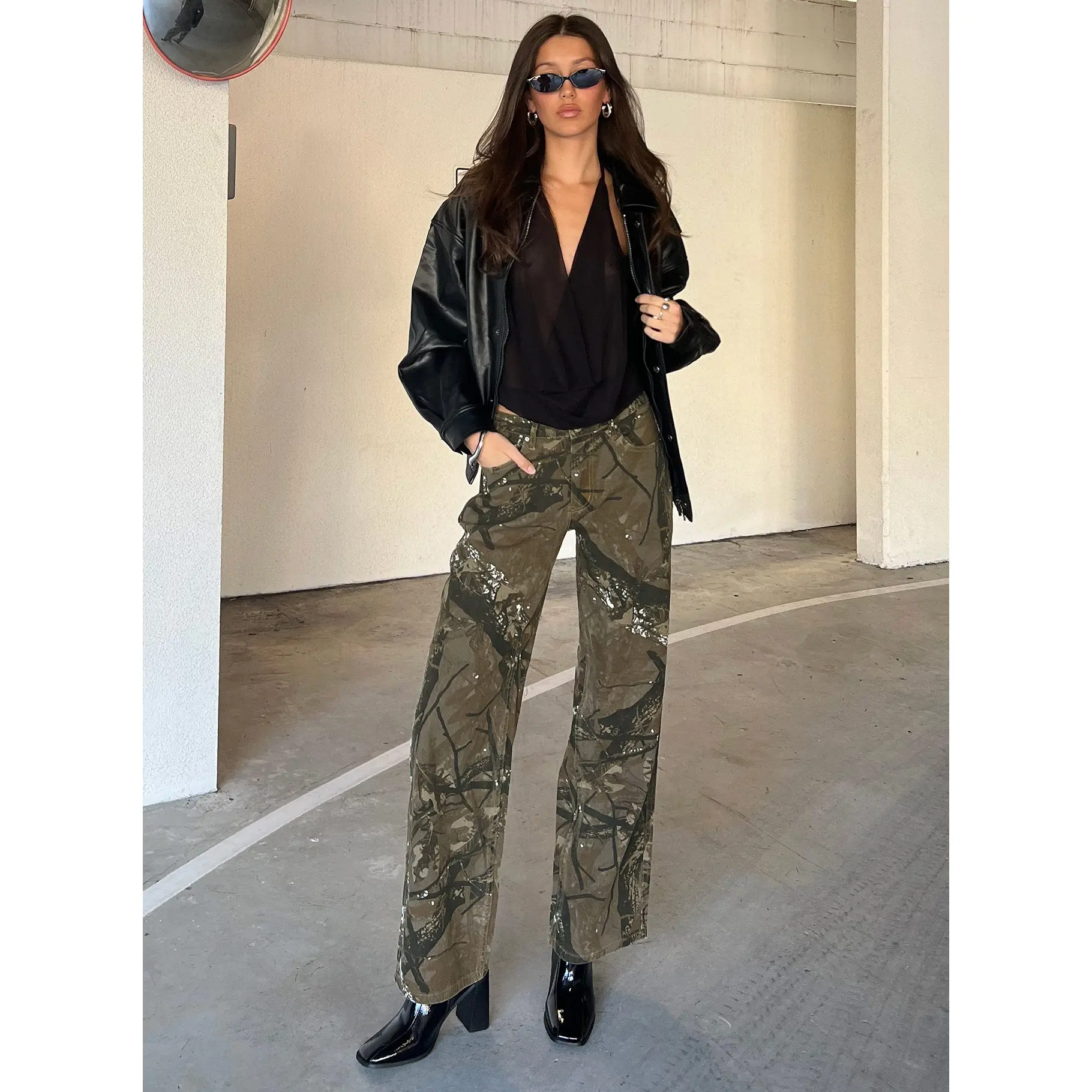 Raiders Mid Rise Straight Leg Cargo Jeans Camouflage