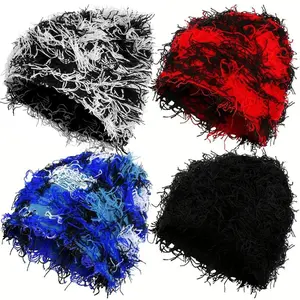 Hip Hop Tassel Y2K Knitted Beanie Trendy Mixed Color Elastic Knit Winter Hats Lightweight Casual Ski Skull Cap Warm Windproof Beanies for Women & Men