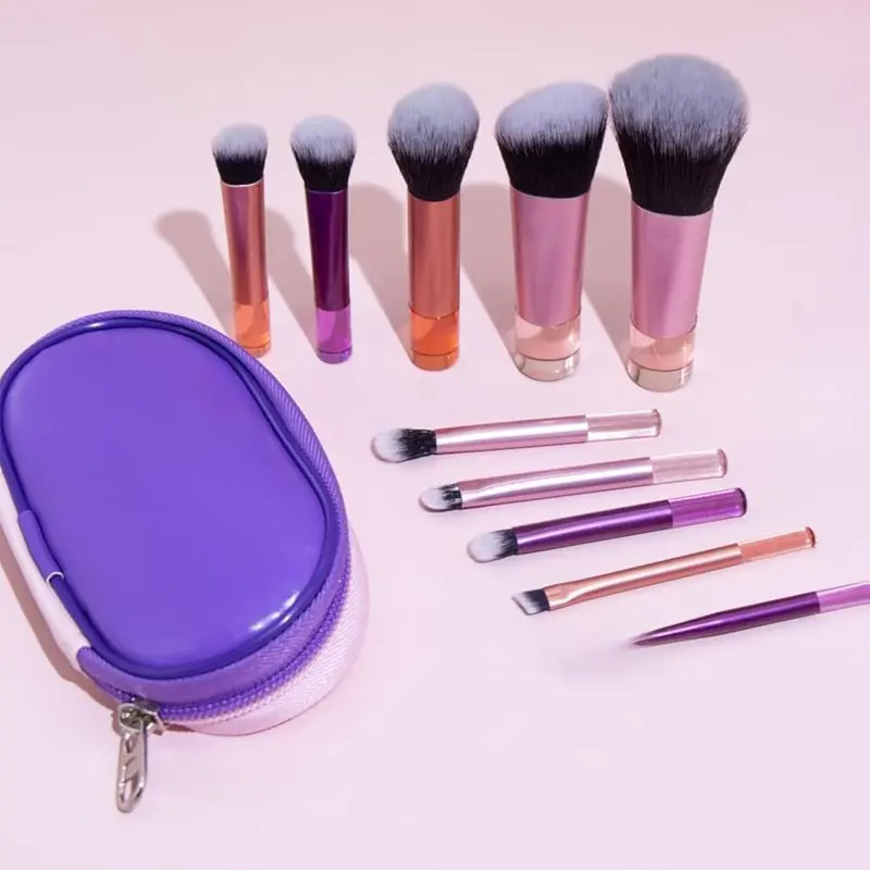 Portable ON THE GO Makeup Brush Set, 10pcs Easy-taken Mini Full Complete Function Cosmetic Brushes Kit with Brush Pouch (colorful)