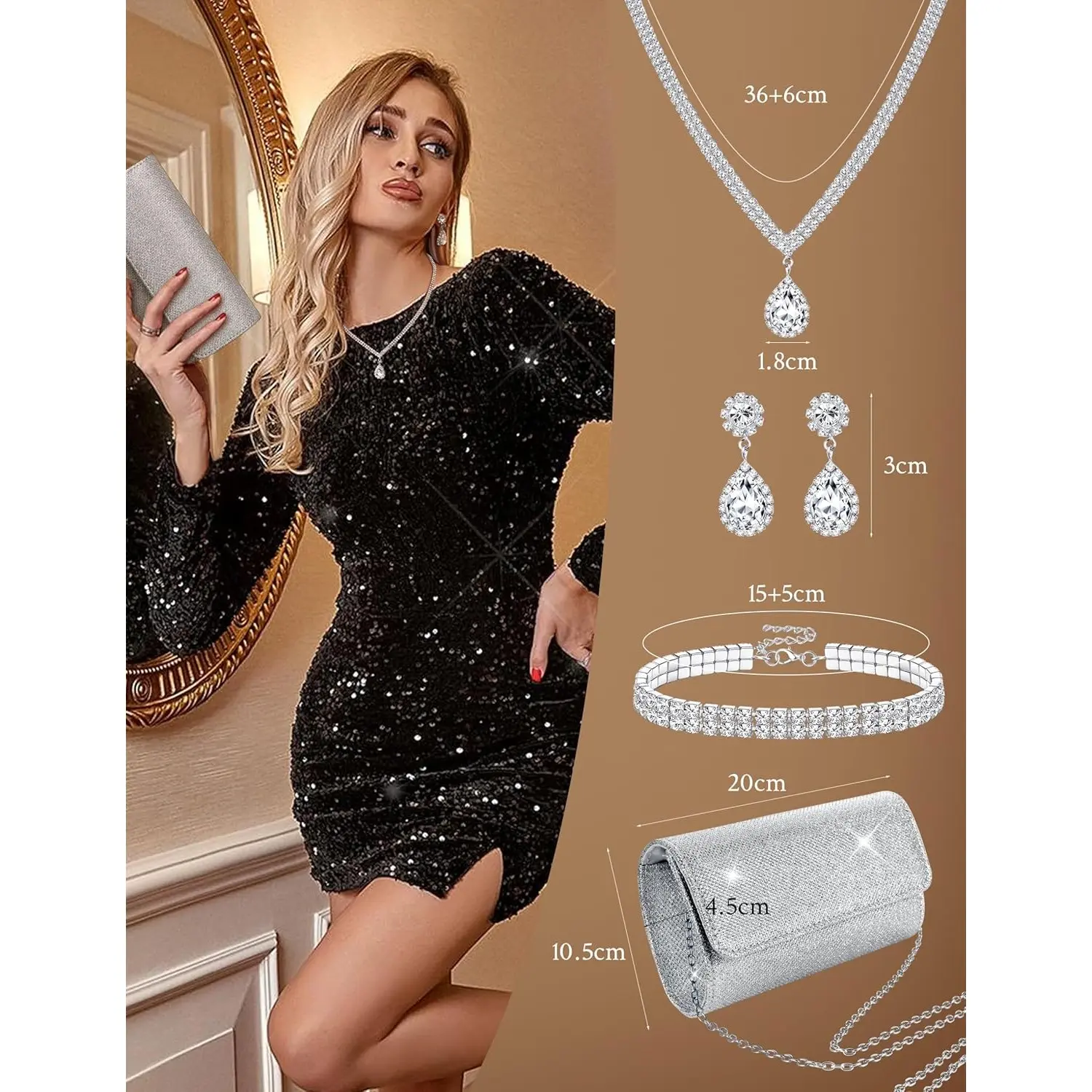 Women's 4Pc Silver Rhinestone Clutch Purse Jewelry Set - Party Occasions Extender Chains, Bride Wedding Car Interior Accessories Necklace Earrings
