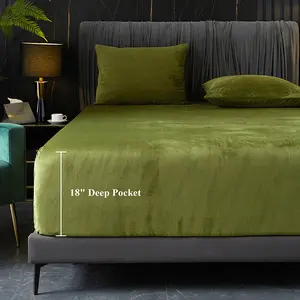 IVELLOW Velvet Fitted Sheet Queen/King Size 18" Deep Pocket Luxury Flannel Bed Sheets Soft Cozy Plush Durable Elegant Fluffy Velvet Bottom Sheets Green/Grey/Blue