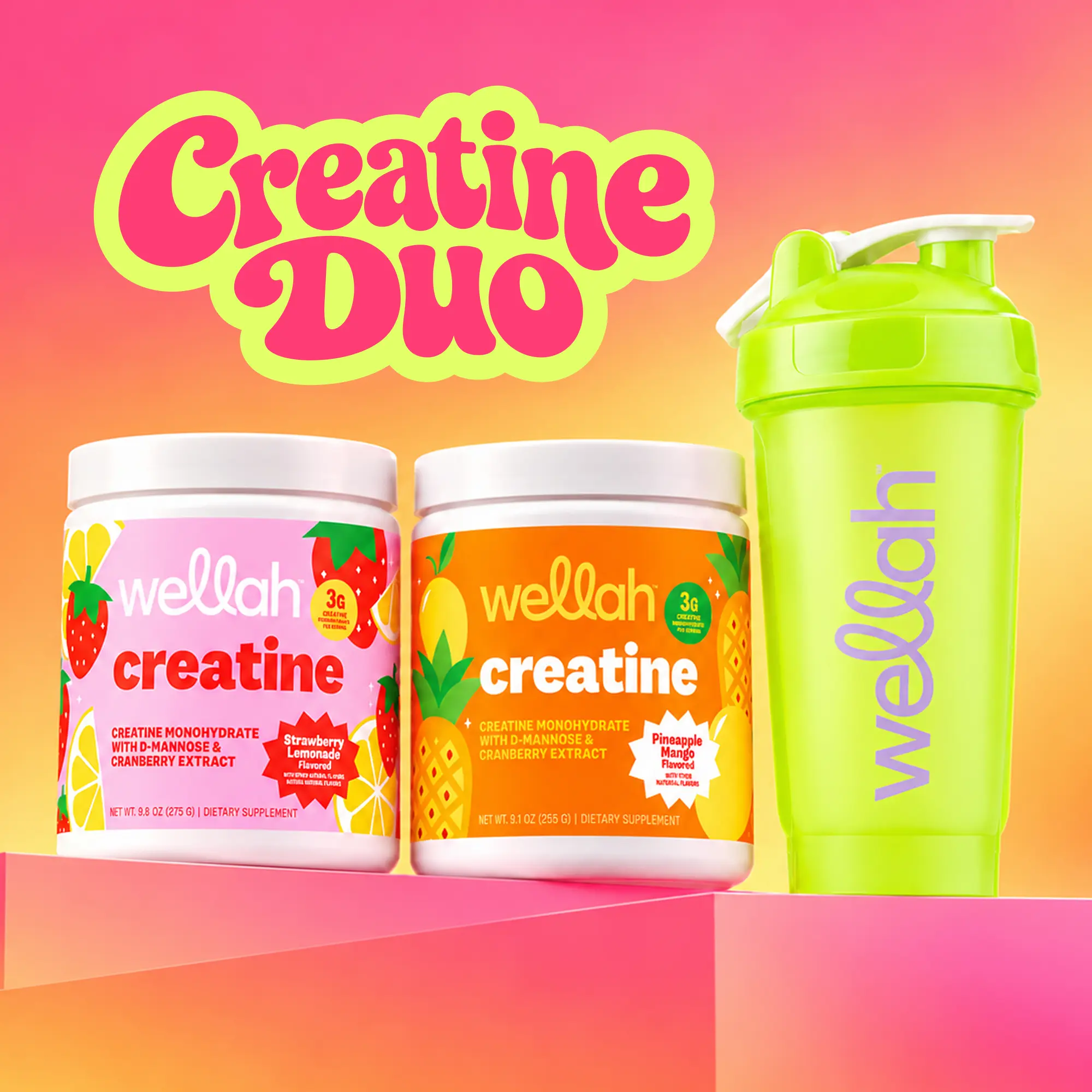 Wellah Creatine Duo | Our Two Best Selling Creatine Monohydrate Flavors + Shaker Bottle | Workout & Recovery Supplement | 100 Servings