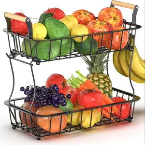 2 Tier Fruit Basket, Multi Purposes Countertop Vegetable Fruit Bread Storage Basket with Banana Hangers, Detachable Metal Organizer with Wooden Handle Multicolor