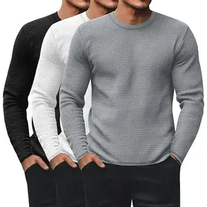 3 Pack Men's Waffle Long Sleeve Shirts, Crew Neck Thermal Underwear Tops Casual Pullover Sweaters Knit Undershirts(Sheet)